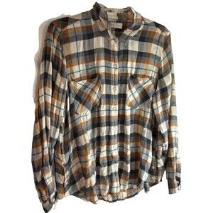 Lucky Brand Women's Shirt Size XL Plaid Button-Down Brown Tan Blue Long Sleeve